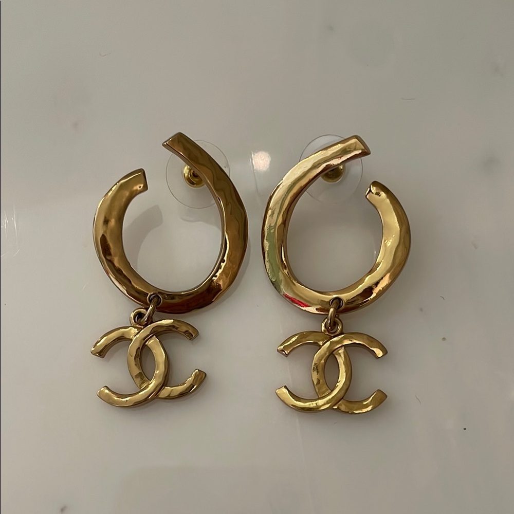 CHANEL Gold Logo Drop Earrings